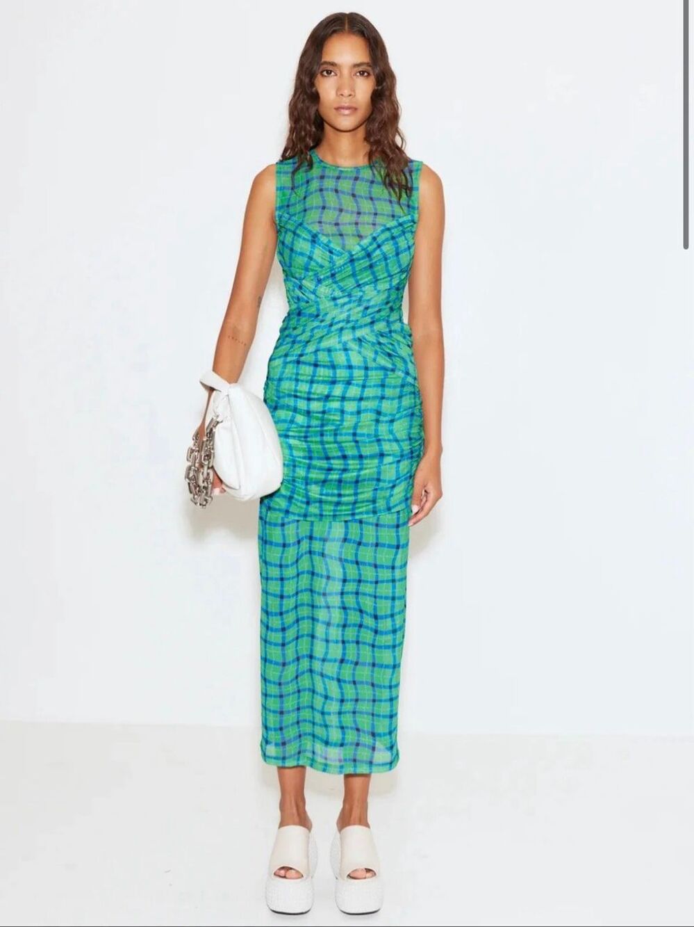 Simon Miller Sz L Kinny Ruched Plaid Mesh Midi Dress Anthropologie Green Blue - Picture 2 of 12